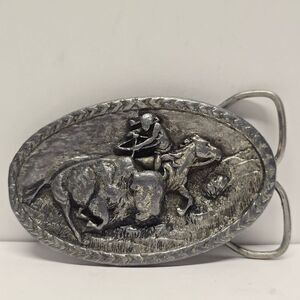 Vintage 1984 SISKIYOU PEWTER WESTERN BELT BUCKLE INDIAN PLAINS BUFFALO HUNTING